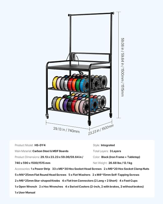 VEVOR 3D Printer Filament Storage Rack with Power Strip, 3-Tier Stand with Filament Storage, Spools Holder Racks Cart with Wheels, Filaments Organzied for 3D Printing Station, Workshop (Shelf Only) | Spool Holder Racks Cart with Wheels for 3D Printing ...