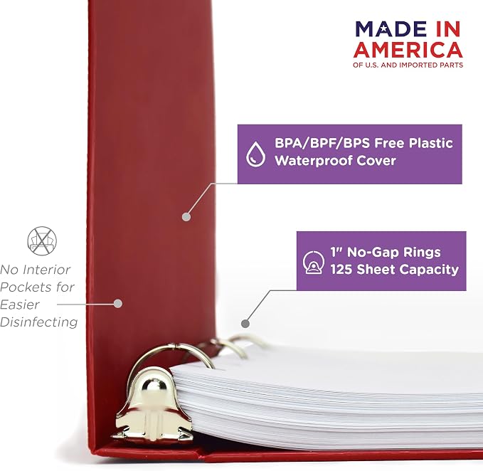 Carstens 1-Inch Heavy Duty 3-Ring Binder - Side Opening,Brick Red, Durable Plastic, No-Gap Rings, Waterproof Cover, No Pockets, Holds 125 US Letter Sheets, BPA-Free, Made in USA (8718-3R), Case of 18