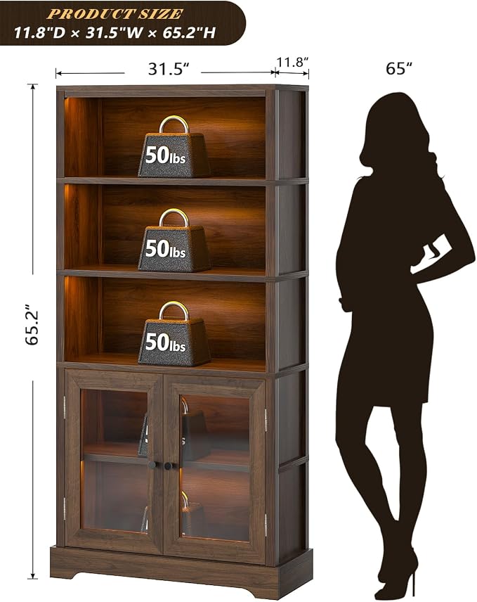 TVU 5-Tier Bookshelf, 65" Bookshelf with Multi-Color Ambient Lights (APP Remote Control), Tall Display Shelf with Cabinet Doors, Suitable for Living Room, Bedroom, Study, Office, Rustic Brown