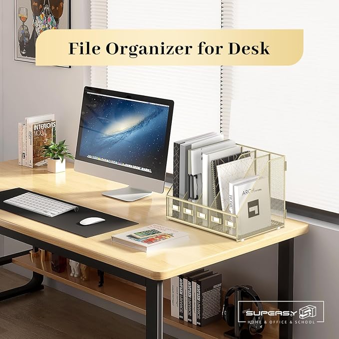 Desk Organizers Metal Desk Magazine File Holder with 5 Vertical Compartments Rack File Organizer for Office Desktop, Classroom, Home Workspace, Golden Yellow