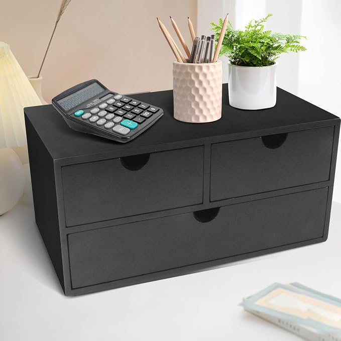 Charmewooden Bamboo Desk Organizer with 3 Drawers, Countertop Organizer with Drawers Makeup Storage Drawer 3 Drawer Tabletop Storage Organization Box Home Office Workspace（Black）