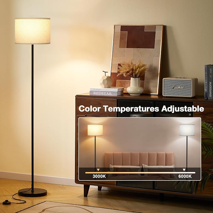 60'' Modern Floor Lamp with Remote, Tall Lamps for Living Room, Bedroom, Office, Dining Room, Beige Shade with Black Pole(Included Bulb)