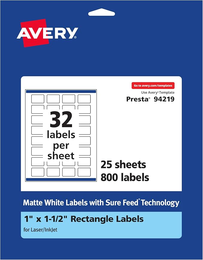 Avery® Matte White Rectangle Labels, Sure Feed® Technology, 1" x 1.5", 800 Matte White Printable Labels