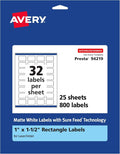 Avery® Matte White Rectangle Labels, Sure Feed® Technology, 1" x 1.5", 800 Matte White Printable Labels