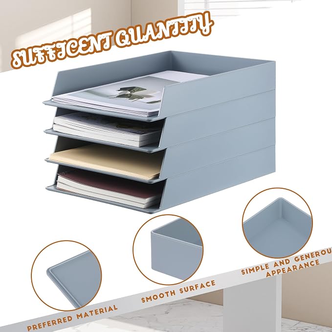 4 Pcs Stackable Paper Trays Rectangular Plastic Desk Holder Desktop Document File Organizer Storage Letter for Office Classroom (Gray)