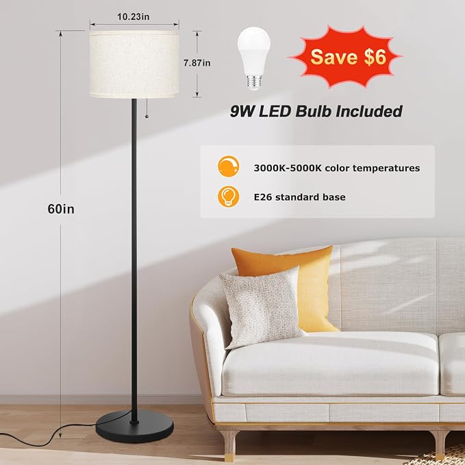 Modern Standing Floor Lamp for Living Room & Bedroom with 3 Color Temperatures Bulb & Pull Chain Switch, 60" Tall with Beige Shade & Black Pole