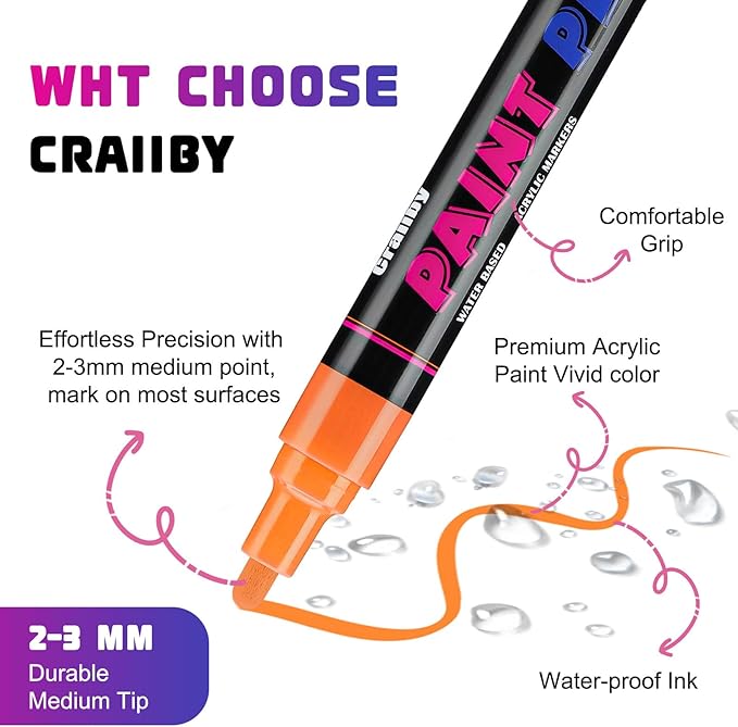 Craiiby Purple Paint Pens Paint Markers - 12 Pack Permanent Quick Dry Waterproof Marker Pens for Rocks Wood Fabric Plastic Canvas Glass Mugs Metal Tire Stone