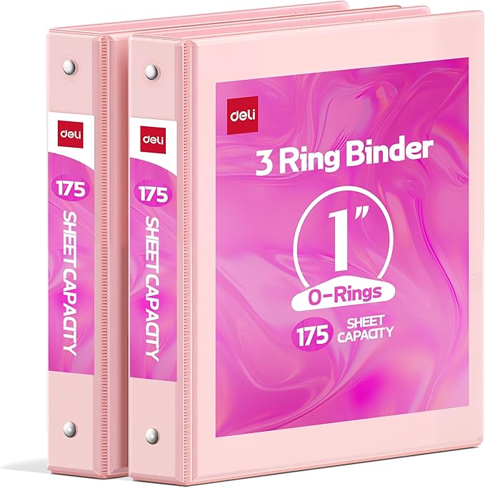 deli 1-inch 3 Ring Binder Pink,11" x 8.5" US Letter Size,2 Pack | 3 Ring Binder with 2 Interior Pockets, 175 Sheets Capacity, 1 inch Binders fits 11" x 8.5" US Letter Size