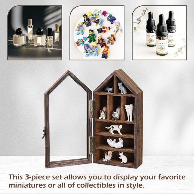 Ikee Design 3-Pc Wall-Mounted Wooden Display Case with Glass Doors | Shadow Cubby Box Display Shelf Wall-Mounted with Door Storage Display Case for Collectibles, Trinkets, Mini Figures, Black