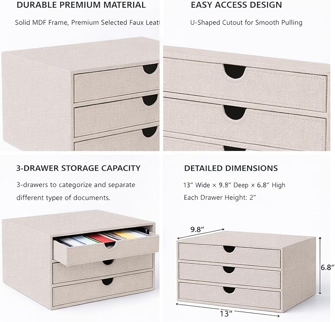 UnionBasic Document Organizer, 3-Drawer File Cabinet Document Storage Box, Office Desktop Filing Organizer, Beige