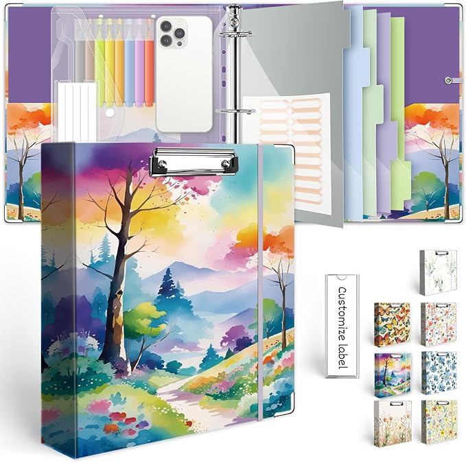 3 Ring Binder 2 Inch for 8.5"x11" Paper, Three Ring Binders with Clipboard, 5 Dividers with Tabs and Pockets, Decorative Binder with Pen Holder,Path