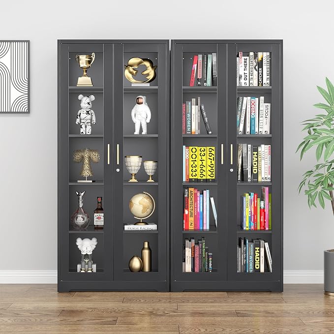 Polup 71" Black Metal Glass Display Cabinet with Security Lock | 5-Tier Curio Case & Tempered Doors, 4 Adjustable Shelves, Heavy-Duty China Storage for Living Room, School & Commercial