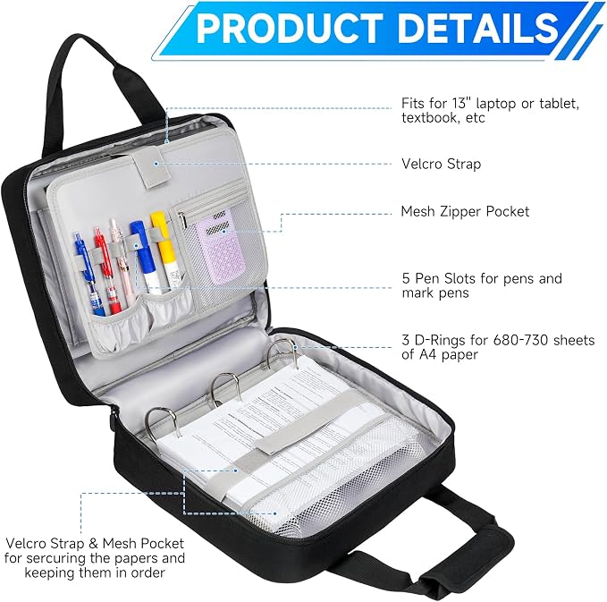3 Ring Zipper Binder Bag, 3 Inch D-Ring 700 Sheet Capacity, Portable File Organizer with Removable Shoulder Strap & Multiple Pockets for School Office Travel Summer Study Back to School,Black