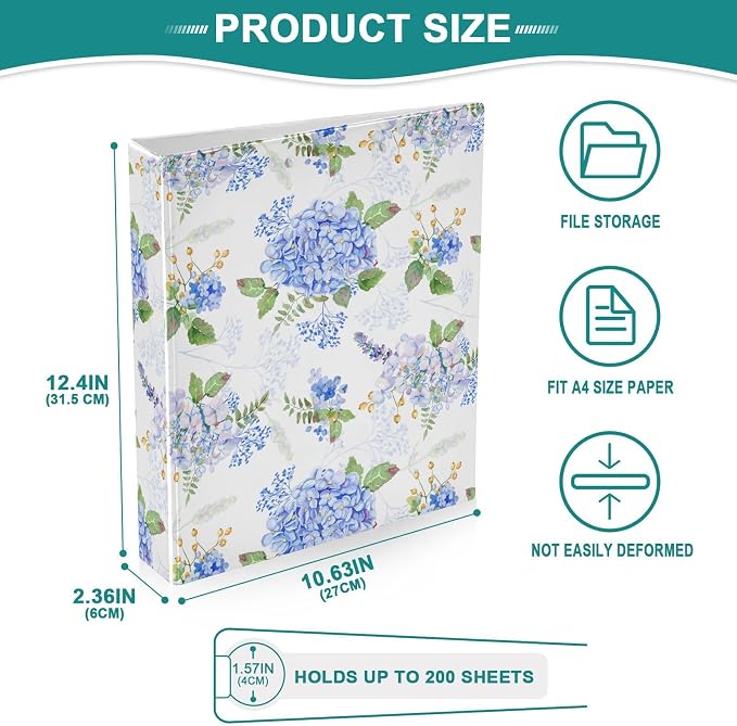 Blue Purple Hydrangea Binder 1.5 Inch Binder with Clipboard&Pockets, Lilac White Floral Hardcover Binders 3 Ring, Heavy Duty Large File Folder for Office School Supplies - Holds 200 Sheets