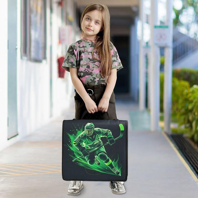 3 D-Ring Zipper Binder Bag, Green Hockey Player Sport Removable Binder with Zipper Case Hold 300+ Sheets& 13 Inch Laptop for School Office Supplies Organizer
