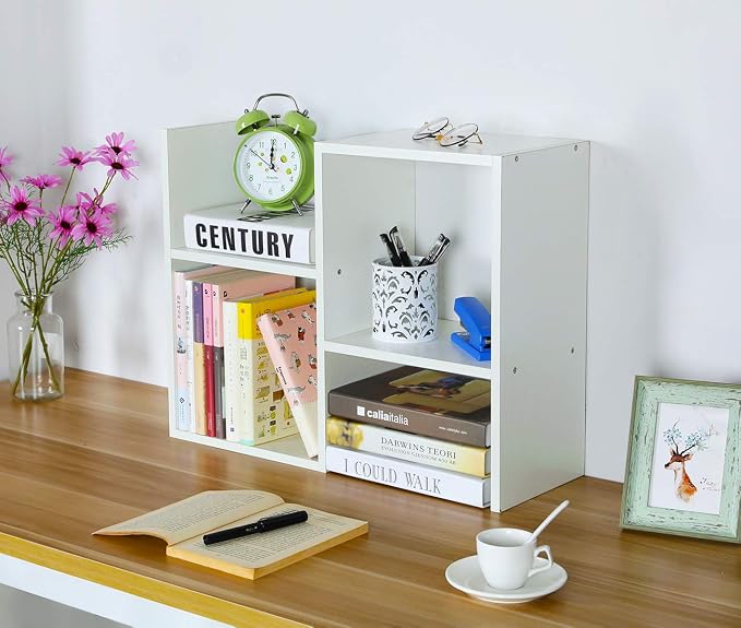 Desktop Shelf Freestanding Wooden Small Bookshelf Desk Supplies Organizers and Accessories Storage Display Rack Office Dorm Decor for Women, White