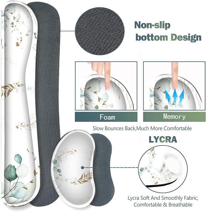Gaming Mouse Pad Wrist Support Set, XXL Large Desk Mat Mousepad + Keyboard Wrist Support+ Mouse Wrist Rest+Coaster 4in1 Ergonomic, Memory Foam, Stitched Edge for Home Office -Pretty Leaves