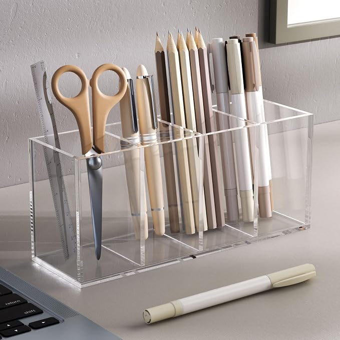NIUBEE Acrylic Pen Holder 4 Compartments, Clear Desk Pencil Organizer Cup | Scratch-resistant thick acrylic with 4 slots for pens, pencils, makeup brushes, office, vanity and school use