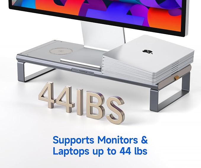 YICOSUN Monitor Stand HUB - Aluminum Riser with 6-in-1 Docking Station: 4K HDMI, USB-C, USB 3.0, PD 100W, Wireless Charging, Drawer Organizer - Gray