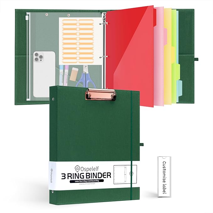 Ospelelf 3 Ring Binder 1 Inch Binder Organizer with Zipper Pouch, Linen Hardcover Portfolio Clipboards for Letter Size (8.5" x 11"), 5 Plastic Binder Dividers with 10 Pockets (Green)