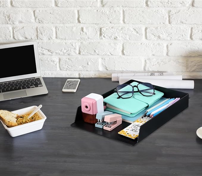 2 Pcs Stackable Paper Trays Rectangular Plastic Desk Holder Desktop Document File Organizer Storage Letter for Office Classroom (Black)