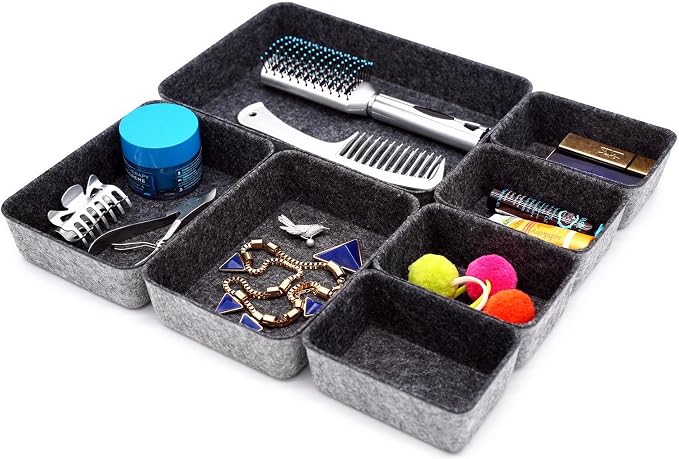 7pc Shallow Felt Desk Drawer Organizers Trays Charcoal Storage Bins