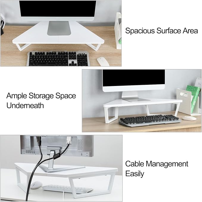 TEAMIX 26 inch White Triangle Monitor Stand Riser, Desktop Corner Shelf with Metal Leg Wood Computer Stand with Storage Laptop Riser Office Organization | Triangle Monitor Stand, Wood & Metal Computer Stand, Laptop Riser, Desktop Organizer, for L Shape...