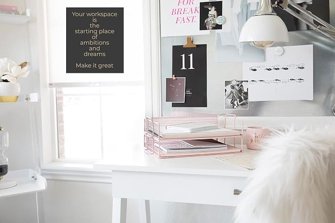 BLU MONACO | Paper Tray Stackable Pink Mesh Set of 2 | Stackable File Trays for Desk Organization | Tiered Desk Organizer with Metal Letter Trays and Workspace Organizer