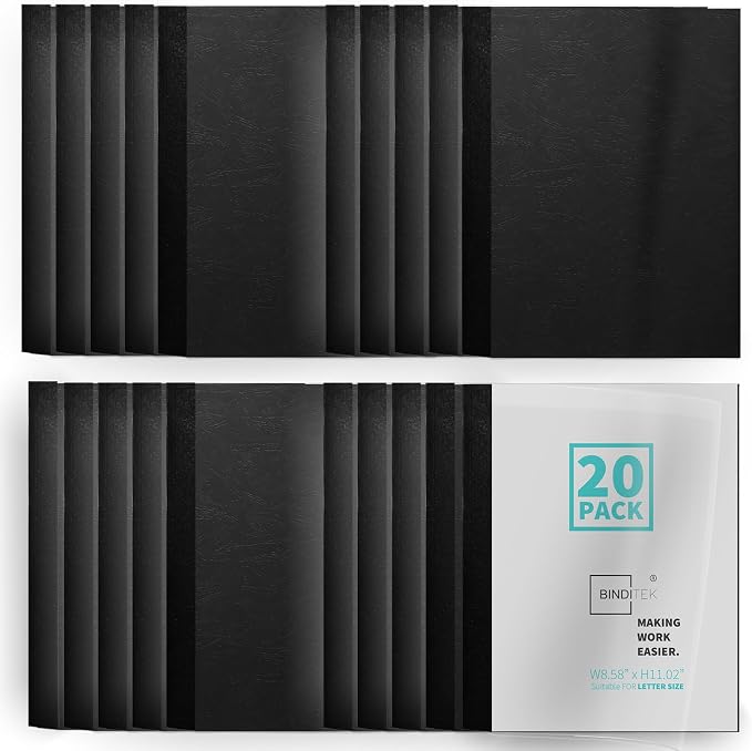 Binditek Thermal Binding Presentation Covers, 1/8 Inch Spine,Black,20 Pack | Thermal Binding Covers, 30 Sheets Capacity, Ultra Clear Front, Black Paper Back Cover, Letter Size, for Students & Coworkers