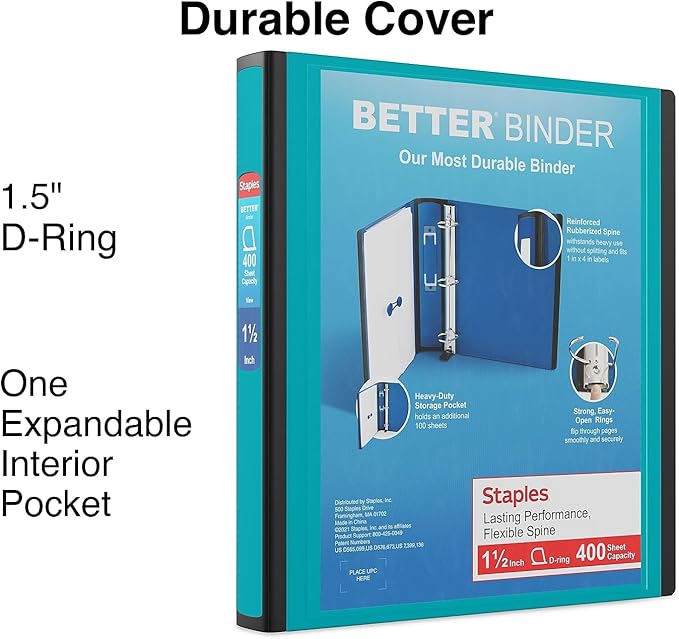 Staples Better Binder, 1.5-Inch D-Ring View, Teal, Holds 350 Sheets | Reinforced spine for durable everyday use in office and school settings.