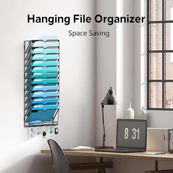 13-Tier Wall File Organizer and Mail Organizer with 5 Hooks, Black | Label slots, curved openings, 5 key hooks, and a bottom tray support organized mail, file, and everyday item storage.