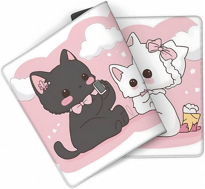 Cute Anime Cats Gaming Mouse Pad, Pink Kawaii Desk Mat with Anti-Slip Base & Stitched Edges,35.4" x 15.7" in Desk Accessories for Women, Home Office Decor & Artistic Gift