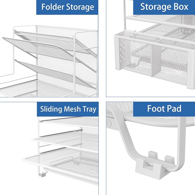 Simple Trending 7 Tier Desk File Organizer, Letter Tray Paper Organizer with Pen Holder and Metal Hanging Basket, White