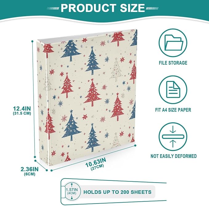 Winter Red and Blue Trees Snowflake 3 Ring Binder 1.5" Decorative D-Ring Binder with Clipboard&3 Clear Pockets, Holds 200 Sheets A4 Size Paper Waterproof Binders for School Home Office