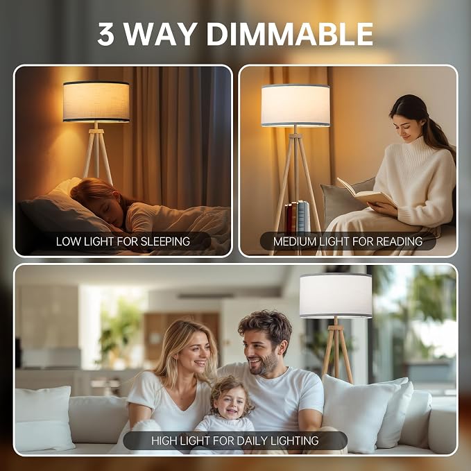 EOEYYOYB Floor Lamp with 3 Light Modes Adjustable– Wood Tripod Floor Lamp Modern LED Standing Lamp with Dimmable Brightness, Perfect for Living Room, Bedroom, and Office, Burlywood