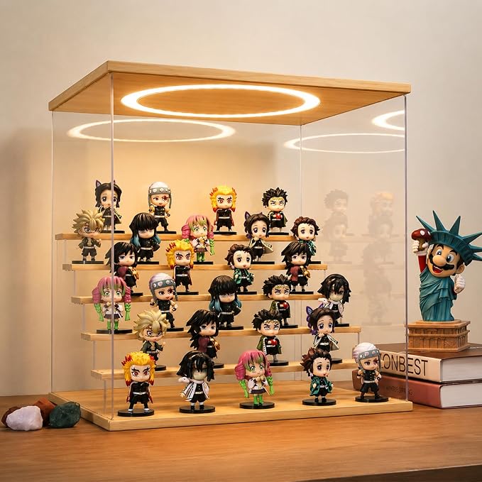 Acrylic Display Case with Adjustable LED Light, 6 Tier Clear Display Box Dustproof Showcase for Action Figures, Collectibles and Mini Toys, Assembly Display Cabinet(Wood 15.5*12.5*16.7in)