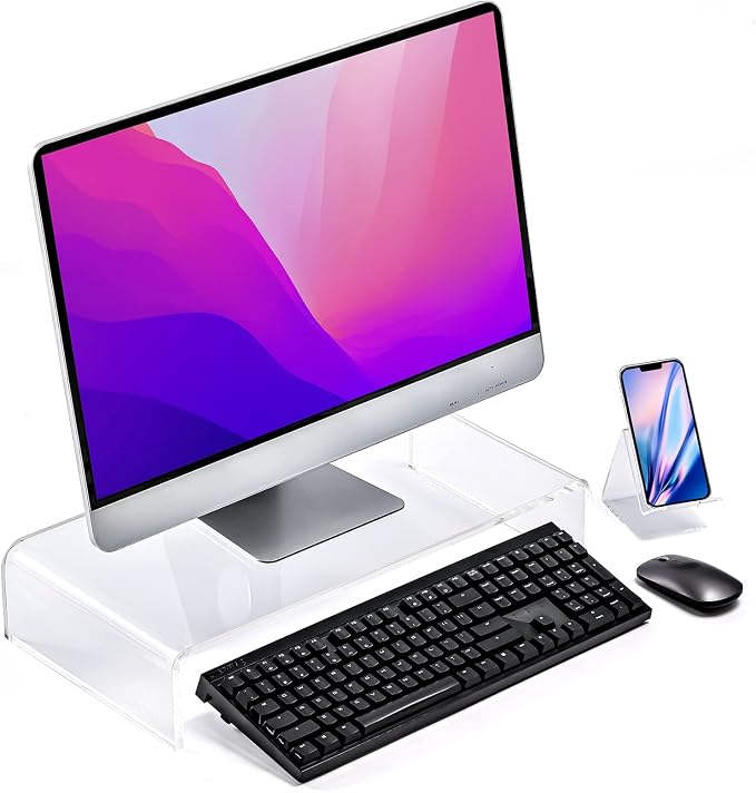 20"x10"x4" Acrylic Monitor Stand, Clear Laptop Riser with Bonus Phone Stand | Extra-Wide Clear Premium Acrylic Computer Stand, Monitor Riser & Ergonomic Desk Organizer Shelf for Office, Home, Printer, TV