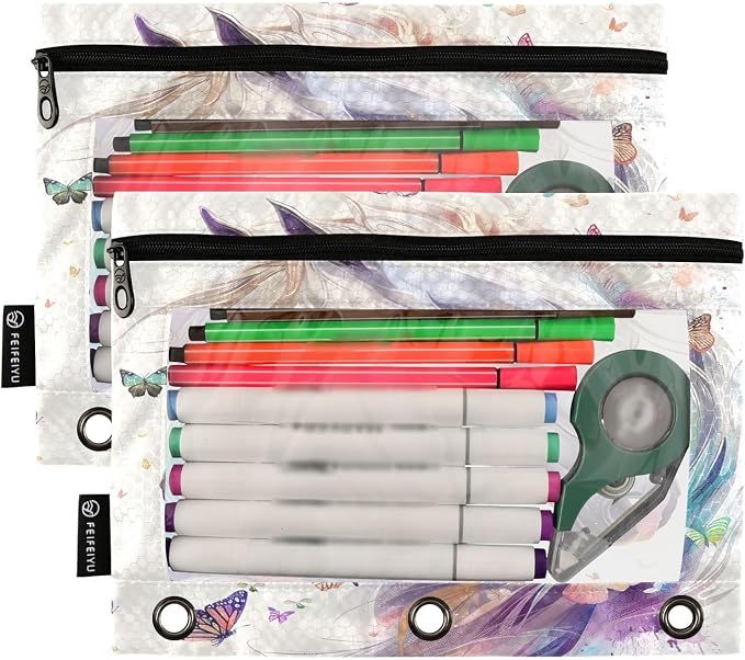 White Horse Butterflies Pencil Pouch for 3 Ring Binder, 2 Pack Waterproof Pencil Bags Clear Window Zipper School Office Supplies