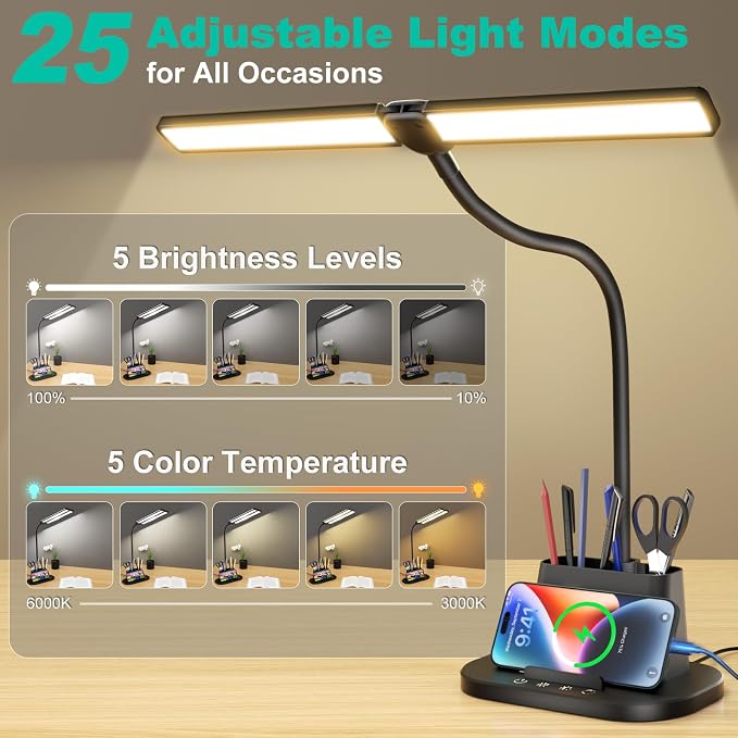 Desk Lamp with USB-C Charging Port and Organizer Base, LED Desk Light with Pen Holder, Phone Stand, 25 Lighting Modes, Flexible Gooseneck Touch Lamp for Home Office, Study Desk, College Dorm Room