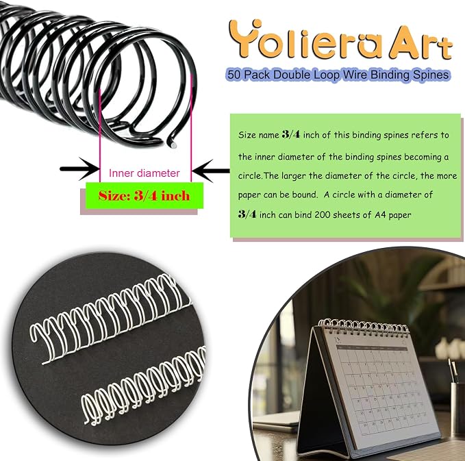 Double Loop Binding Wires for Students and Coworkers, 50 Pack Twin Loop Wire Binder Combs Spines for Booking Letter Size and Binding-Machines (50P, 2:1 Pitch, White, 3/4 Inch (180 Sheet Capacity))