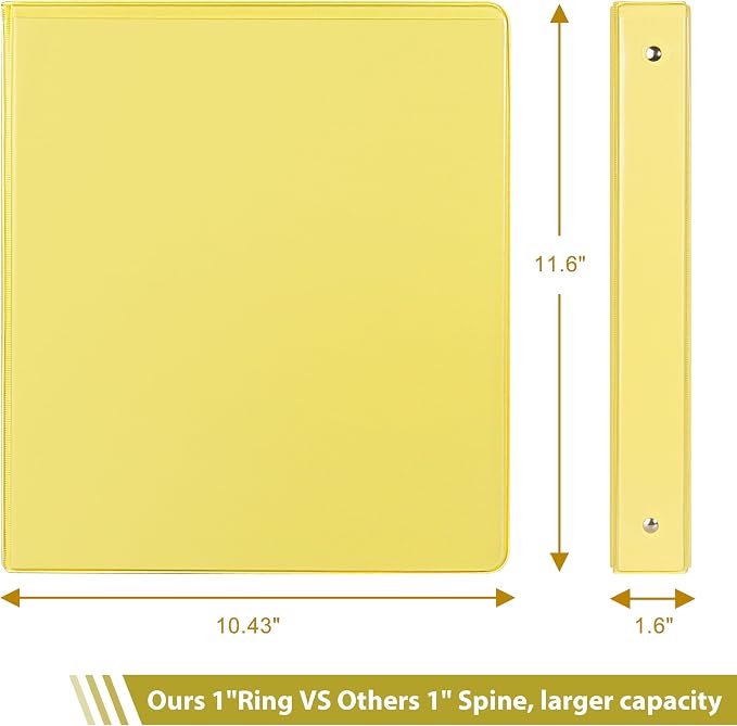 COMIX Sturdy Standard 1 Inch 3 Ring Binder with Clear View Cover | 1"Round Ring,PVC-Free Board,Holds 200 Letter Sheets,Morandi Multicolor for Students & Office,6 Pack (Lemon Yellow)