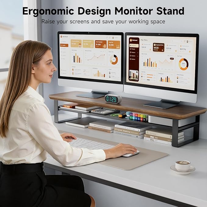 Dual Monitor Stand, 35.4 Inch Monitor Stand Riser for 2 Monitors, 2 Tiers Wood Desk Shelf with Storage, Desktop Organizer Stand for Computer, Laptop, Printer, TV