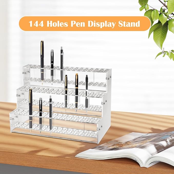 Makeup Paint & Brush Organizer Rack Pen Display Stand, Multi-Level Plastic Organization Rack Pencil Holder, Clear Pen Display Holder 3 Layer 144 Holes for Craft Shows