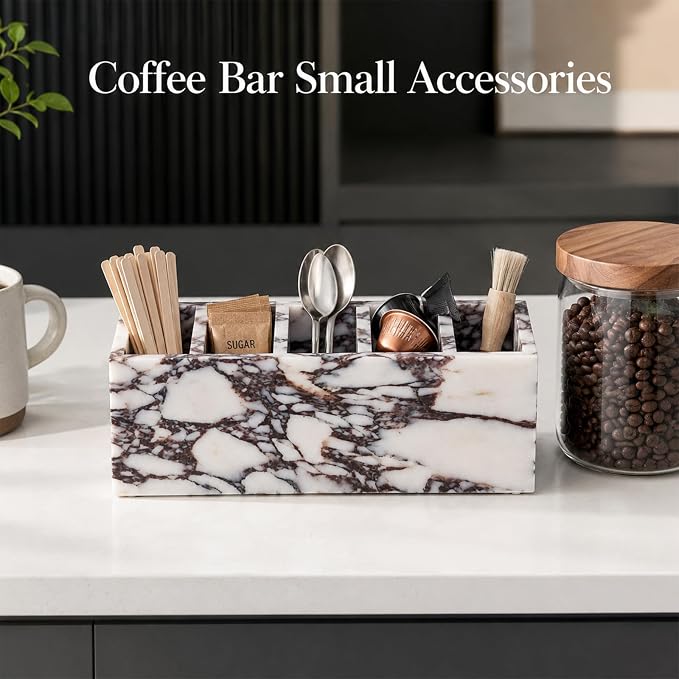 5-Compartment Marble Desk Organizer, 9.84 in | Natural marble 5-section organizer for pens, makeup brushes, cotton swabs, lipsticks, and slim daily items.