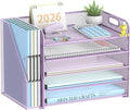 5-Tier Desk Organizer with File Holder, Paper Organizer for Desk, Purple | 5 Letter Trays and Vertical File Holder with Metal Mesh Frame for Papers Folders Books and Mail in Office Home or School
