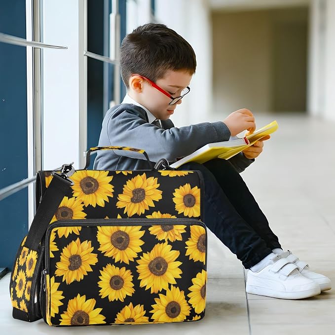 ATTX Sunflower Pattern Zipper Binder with Adjustable Padded Strap - 3 Ring 500 Sheet Capacity Binder Bag with Multi-Pocket Organizer, Fits 12 Inch Laptop