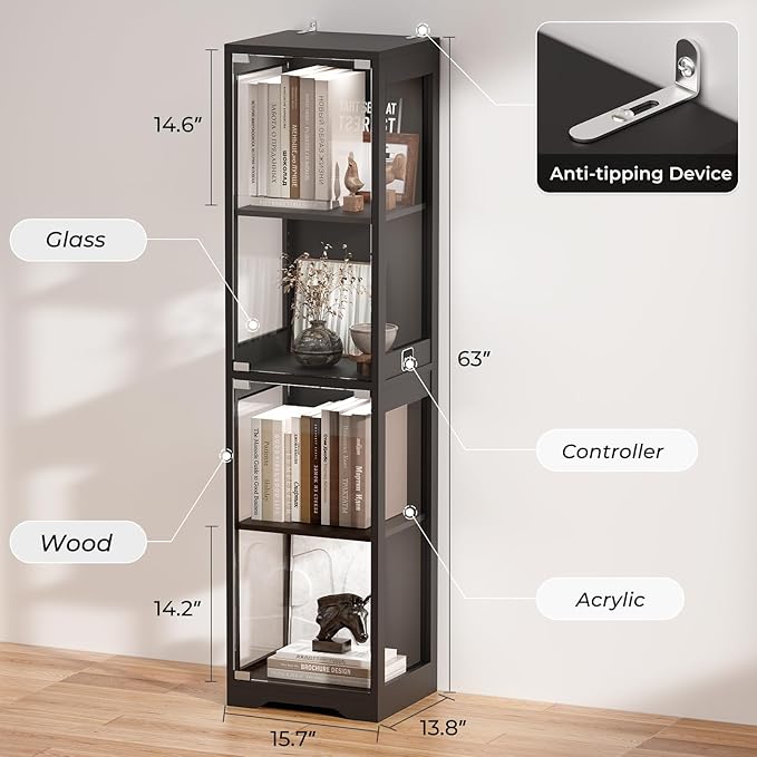 BROTTAR Glass Display Cabinet, Display Case for Collectibles, Black | 4-Tier Curio Cabinets with 3 Color Lights&Human Body Sensor, Storage Cabinet with Glass Door