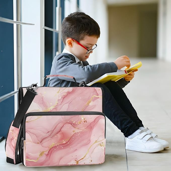 Pink Gold Watercolor Marble Zipper Binder with Shoulder Strap Trapper Keeper 3 Ring Binder Organizer Large Capacity Multiple Compartments for School Office