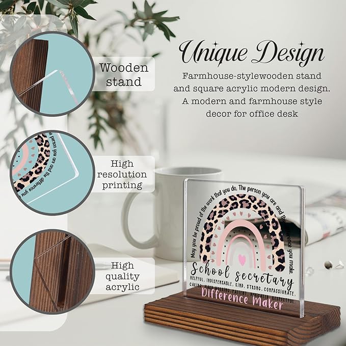 School Secretary Appreciation Gift Desk Sign, Leopard Rainbow Difference Maker Plaque, Office Decor Thank You Gift for School Office Staff PA075