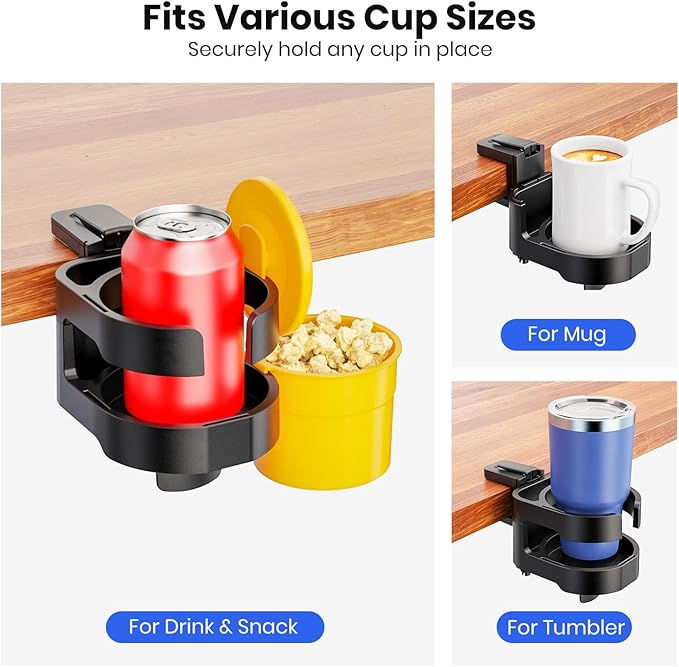 7-in-1 Desk Cup Holder - EURPMASK Organizer with Headphone, Controller Holder, Snack Bucket, and Phone Holder, Clamp-On Desk Accessory with Sturdy Large Storage, Easy to Install, Black